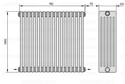 Схема (чертеж) Радиатор Zehnder Charleston 6180/17 №2670 Белый глянцевый RAL 9016